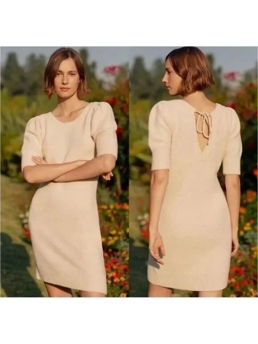 Anthropologie Daily Practice Oh So Cozy Puff Sleeve Sweater Dress Medium Cream
